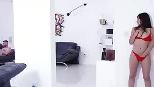Gal in bikini gets turned on by masturbating guy